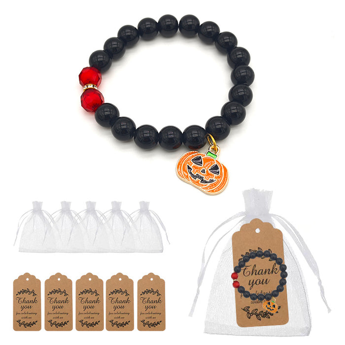 Black Bead Pumpkin Charm Stretch Bracelet Red Accents
