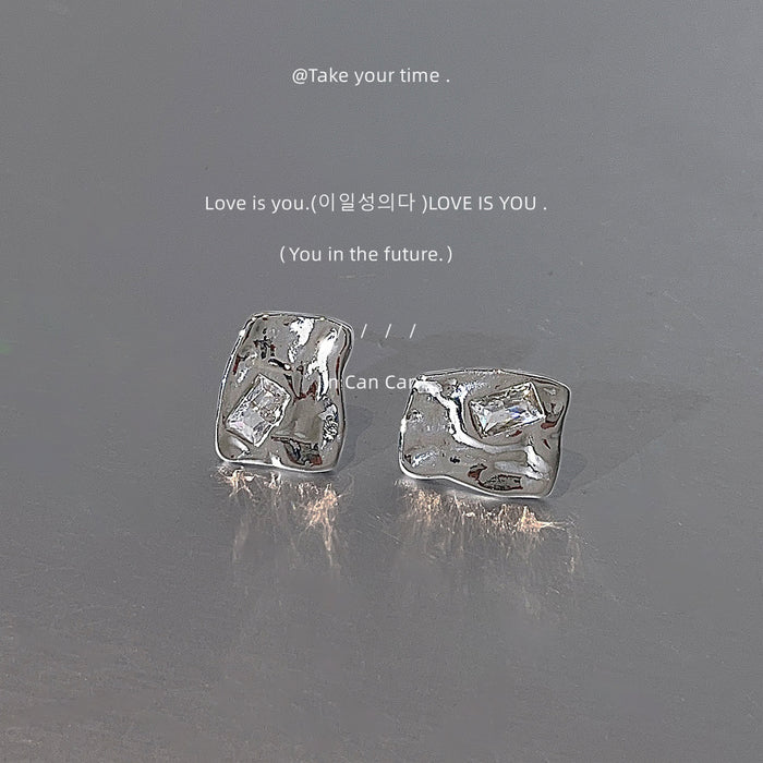 Silver Tone Hammered Irregular Square Stud Earrings For Women