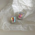 Silver-Tone Iridescent Rectangle Halo CZ Stud Earrings view 3