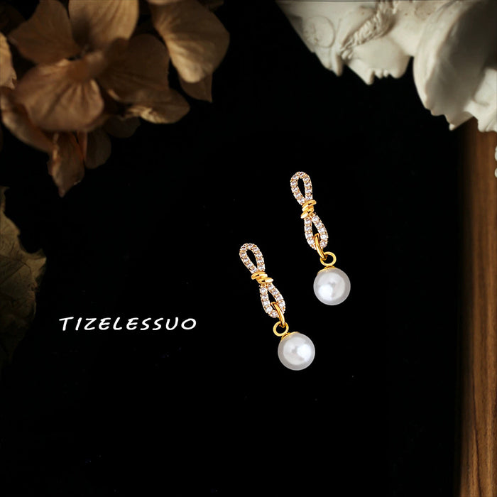 Gold Tone Clear Stone Knot Pearl Like Stud Earrings For Women