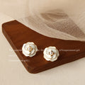 White Enamel Camellia Pearl Center Stud Earrings Gold Rim view 6