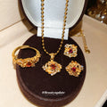 Gold Floral Red Crystal Ball Chain Necklace Studs Open Ring view 1