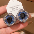 Blue Square Halo Crystal Statement Stud Earrings Statement Jewelry Pair view 2