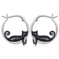 Silver Black Cat Climbing Round Hoop Earrings Pair view 2