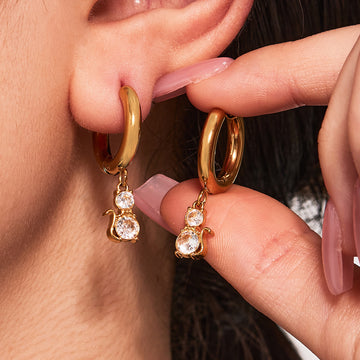 Gold Stainless Zircon Cat Owl Dangle Huggie Hoop Earrings Assortment