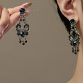 Blue Stone Antique Silver Tone Chandelier Stud Earrings view 2