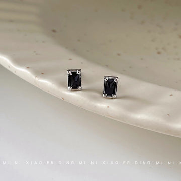 Silver Tone Black Rectangle Stone Mini Stud Earrings For Women