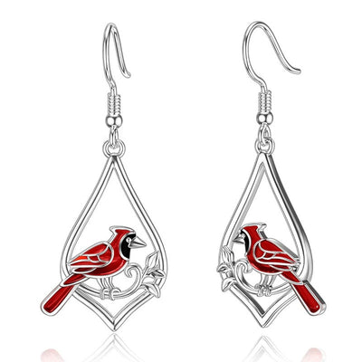 Front silver red cardinal open teardrop frame fishhook earrings