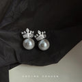 Silver Tone Clear Stone Crown And Gray Pearl Stud Earrings view 1