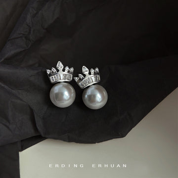 Silver Tone Clear Stone Crown And Gray Pearl Stud Earrings