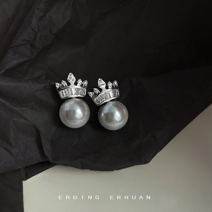 Silver Tone Clear Stone Crown And Gray Pearl Stud Earrings