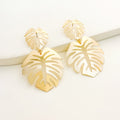 Gold Tone Double Open Monstera Leaf Dangle Stud Earrings view 1