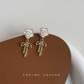 White Enamel Camellia Stud Gold Bow Drop Earrings Pair view 4