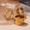 Wide Band Clover Zircon Stainless Steel Ring Gold Steel view 1