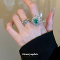 Silver Tone Green Rectangle Statement Ring With Clear Crystal Halo view 4