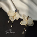 Dark Oval Top White Fabric Flower Pearl Tassel Stud Earrings view 6