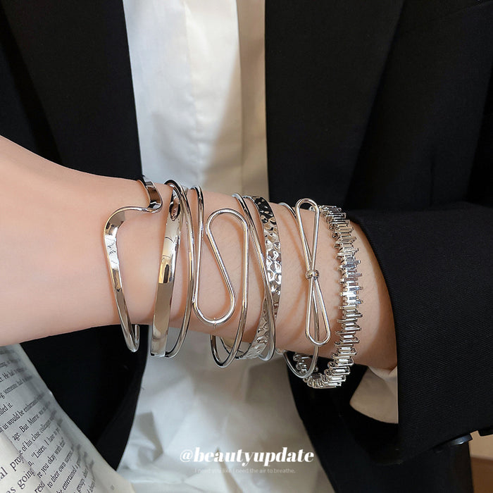 Metal Smooth Open Bangle Six Piece Set Silver Gold