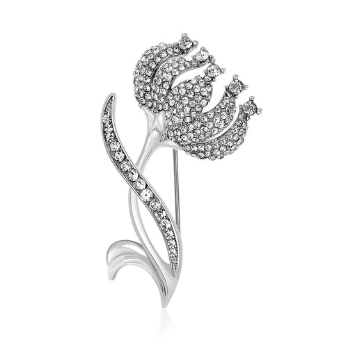 Silver clear rhinestone tulip brooch front view