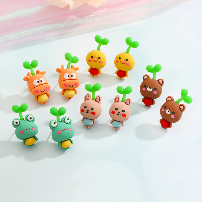 Sprout Topped Cartoon Animal Stud Earrings in Five Pair Designs