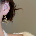 Spiral Christmas Tree Star Drop Stud Earrings With Decorative Metal Details view 3