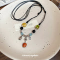 Black Multi Cord Ceramic Bead Fortune Charm Necklace view 2
