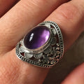 Silver Purple Oval Cabochon Floral Filigree Ring Sizes 6-10 view 2