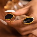 Oval Black Oil Drip Open Band Statement Rings Gold Silver Steel view 2