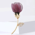 Fabric Flower Bud Brooch Gold Stem Rhinestone Leaf Pin view 3