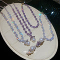 Silver Pearl CZ Leaf Necklace and Open Ring White Purple view 1