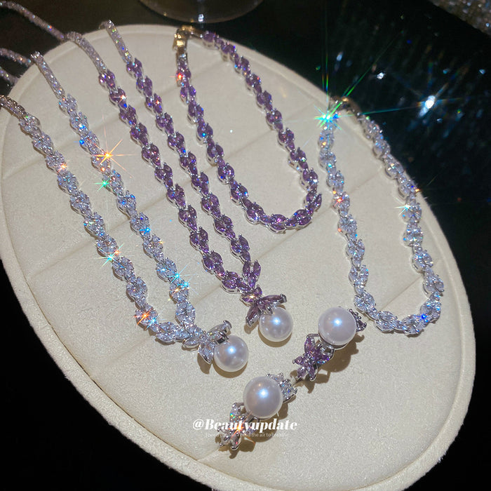 Silver Pearl CZ Leaf Necklace and Open Ring White Purple