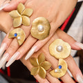 Gold Flower Fan Pearl Statement Rings Open Band Styles view 4