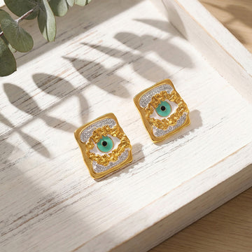 Green Eye Crystal Square Stud Earrings in Gold Tone