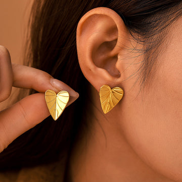 Heart Leaf Vein Texture Stud Earrings Gold Silver Pair