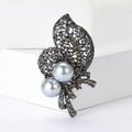 Gray Crystal Leaf Bouquet Brooch With Pearls With Polished Metal Detail view 2