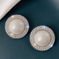 Silver Tone Round Faux Pearl Halo Stud Earrings with Clear Stone Accents view 5