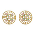 Gold Tone Pink Green Floral Pattern Round Medallion Stud Earrings view 5