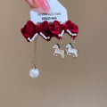 Red Velvet Bow Horse Drop Earrings with Distinctive Textured Details view 6