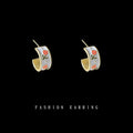Gold White Enamel Tulip C Shape Hoop Stud Earrings view 1