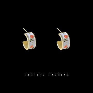 Gold White Enamel Tulip C Shape Hoop Stud Earrings