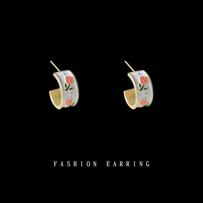 Gold White Enamel Tulip C Shape Hoop Stud Earrings