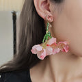 Pink and Red Fabric Flower Cluster Long Stud Earrings view 2