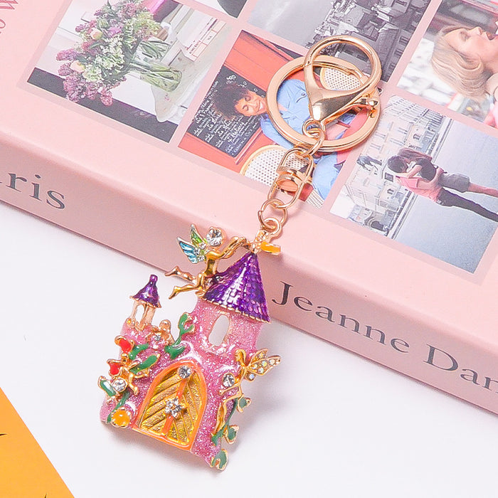 Enamel Fairy Castle Keychain Rhinestone Tower Charm
