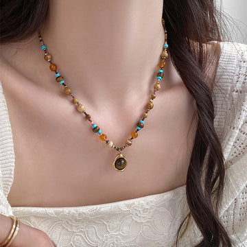 Brown Blue Beaded Necklace with Round Drop Pendant