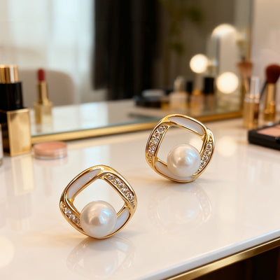 Image 5 showing pearl geometric stud earrings