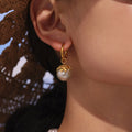 Gold Hoop Earrings Shell Pearl Flower Caps Two Colors view 4