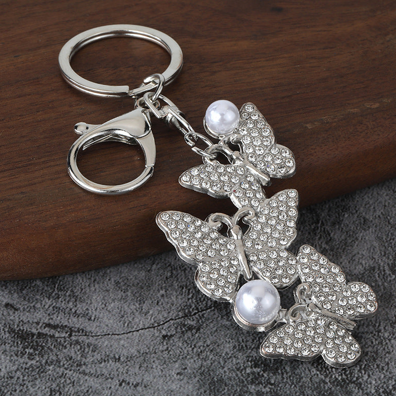 Pearl Butterfly Rhinestone Keychain Metal Car Key Ring Bag Charm