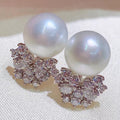 Silver Tone Pearl Stud Earrings Clear Flower CZ Cluster view 2