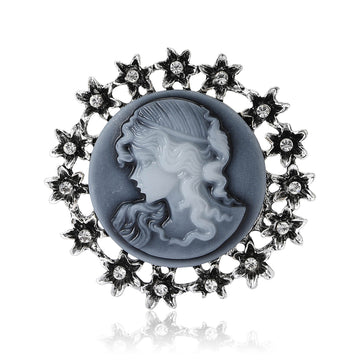 Cameo Lady Profile Brooch Star Halo Silver or Antique Gold