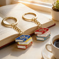 Back To School Stacked Books Keychain Gold Ring Red Blue view 3