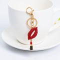 Red Rhinestone Lips Lipstick Keychain Gold Metal Bag Charm view 3
